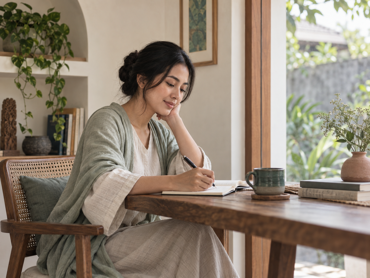 Perempuan menikmati waktu refleksi dengan menulis jurnal